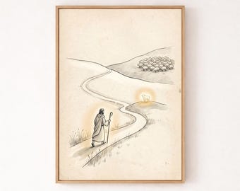 Lámina decorativa imprimible de la Oveja Perdida, arte cristiano minimalista del Buen Pastor, ilustración de parábola bíblica, decoración con dibujo lineal de fe (descargable)