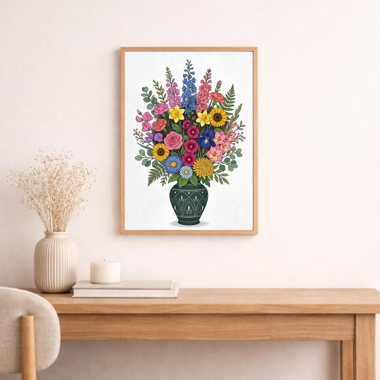 Colorful Floral Vase Wall Art Printable, Bright Flower Bouquet Decor ...