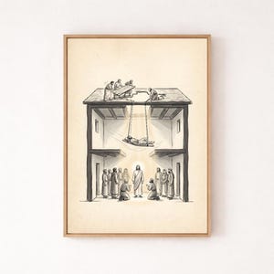 May include: A framed black and white illustration depicts a biblical scene. Men lower a person on a stretcher through a roof opening. Below, a group of people, some kneeling, gather around a figure radiating light. The artwork is set within a two-story building.