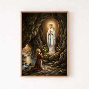 Virgin Mary Apparition Wall Art, Catholic Religious Artwork, Prayer Scene (Digital Download)