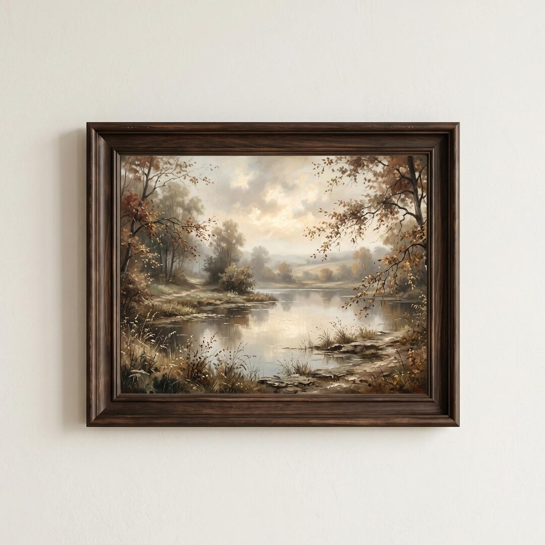 Neutral Autumn Lake Landscape Wall Art Print, Moody Nature Painting ...