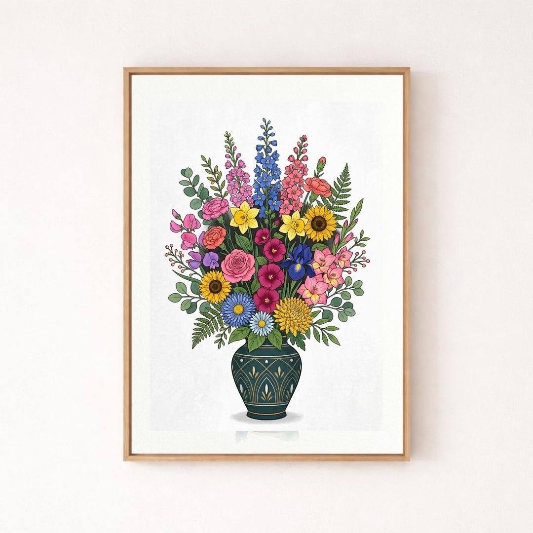 Colorful Floral Vase Wall Art Printable, Bright Flower Bouquet Decor ...