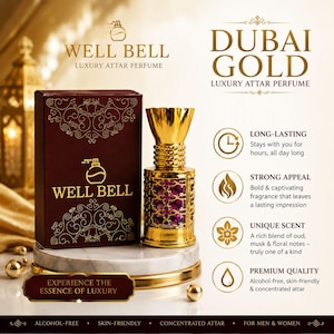 May include: A Well Bell Dubai Gold luxury attar perfume bottle with a gold filigree casing and purple glass, next to its dark red box. The box features gold scrollwork and the text Well Bell Luxury Attar Perfume. Includes text about scent qualities.