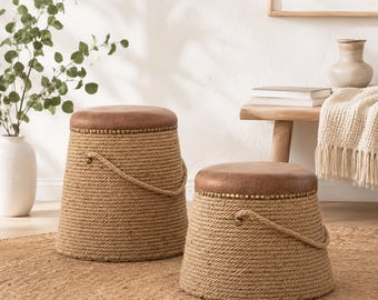 Handmade Hemp Rope Ottoman Stool, Faux Leather Seat, Rustic Farmhouse Pouf Seat