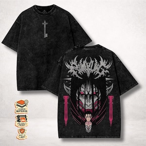 May include: Black acid wash t-shirt featuring a key graphic on the front and a detailed anime-style illustration on the back. The back design includes a face with red eyes and a character portrait. The shirt has a crew neck and short sleeves.