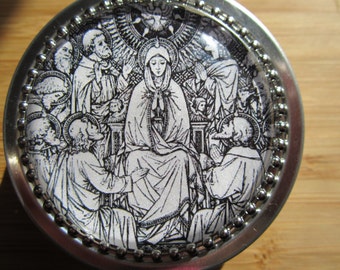 Item # 7 ~ Pentecost rosary tin decent of the Holy Spirit Confirmation gift idea jewelry box, stash box decorated tin