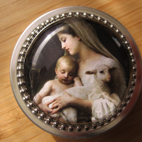 Item#8 ~ L'Innocence Mary and Jesus rosary case-Baptism gift or favor, case durable and pretty, gift tin First Communion boy girl gift favor