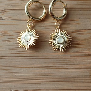 Light of the world Monstrance earrings gold plated brass huggie hoops with steel charm cubic zirconia center catholic gift for her