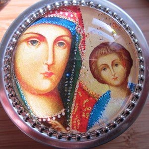 Item # 19 ~ Gold tone Icon- Blessed Mother and Baby Jesus Rosary case,First Communion gift boy girl