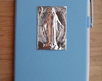 Catholic blank journal medallion, leather hardbound journal with lined pages, ribbon bookmarks, elastic closure and back pocket pen prayers