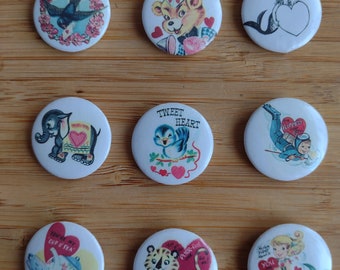 Valentines Day buttons, vintage valentines cards bird, mermaid, bear, tiger, gift for teens, kids, woman one inch buttons flare school gift