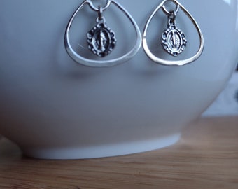 Miraculous medal sterling silver earrings Catholic gift for her Valentine's birthday Easter hoop earrings dangle delicate dainty Mary