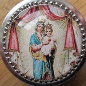 Item #41 ~ Mother of the Sacred Heart Rosary case/ jewelry box stash box gift tin  vintage print, first communion boy girl, baptism