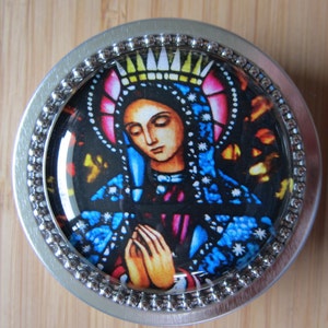 Item#55 ~Our Lady of Guadalupe stained glass rosary tin rosary case first communion gift for boy or girl, first communion favor catholic