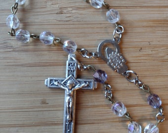 Simple chaplet - Czech Glass beads, silver tone crucifix and centerpiece. Made by 11 year old- imperfect but one of a kind, first communion