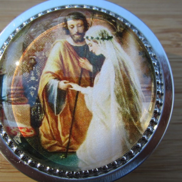 Item # 49 Rosary case Marriage of Mary and Joseph wedding gift anniversary gift, 10th anniversary tin jewelry box -first communion boy girl