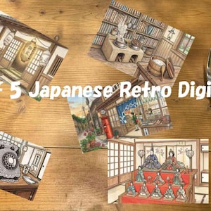 以下が含まれることがあります： 5枚の日本のレトロデジタルアートプリントのセット。プリントは、お店、インテリア、通りのシーン、電話など、日本の伝統的な生活のシーンを描いています。プリントは、木製の表面にカトラリーと一緒に配置されています。