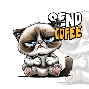 Puede incluir: Ilustración de dibujos animados de un gato gruñón sosteniendo una taza de café. El gato tiene pelaje marrón y blanco, ojos azules y una expresión de disgusto. Las palabras "SEND COFEE" están escritas en negrita encima del gato.
