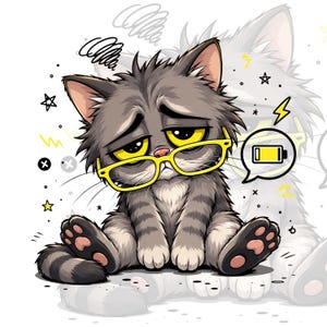 May include: A cartoon illustration of a gray cat with yellow-rimmed glasses, looking sad. The cat has a low battery icon in a speech bubble, with stars and scribbles around it. The cat is sitting down with its paws visible.