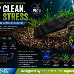 May include: Black aquarium gravel cleaner attachment with the text "DEEP CLEAN. LESS STRESS." The wedge-shaped design is 5 cm high and 15 cm wide. It is designed for siphons and pump-fed systems. The text "designed by aquarists - for aquarists'" is also present.