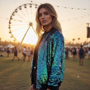 Puede incluir: Una mujer con una chaqueta bomber con lentejuelas con cuello y puños negros. Las lentejuelas de la chaqueta cambian entre verde azulado y verde. Una noria y luces de cadena están en el fondo.