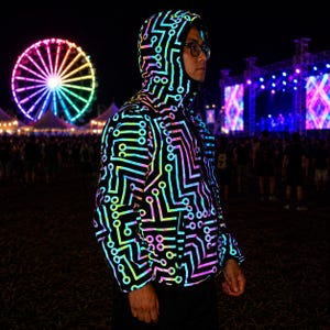 Puede incluir: Una chaqueta con capucha negra con un diseño de placa de circuito en colores neón. La chaqueta la lleva una persona de pie frente a una noria y un escenario iluminados. El diseño de la chaqueta brilla en la oscuridad.