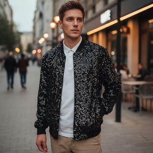 Chaqueta bomber de lentejuelas para hombre, ideal para festivales: Chaqueta negra brillante con cremallera, perfecta para fiestas.