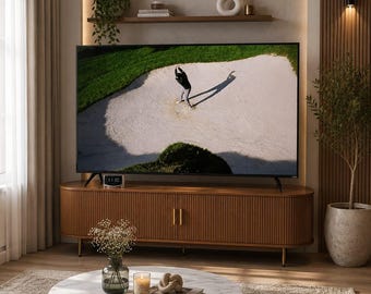 Modern Entertainment Center with Storage Shelves, Large Media Cabinet with Sliding Tambour Doors and Charging Station for Living Room