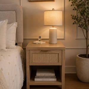 May include: A wooden nightstand with a woven drawer front, topped with a lamp and a decorative tray. The lamp has a beige shade and a cylindrical base. Books with titles like "Live Beautifully" are stacked on the shelf below.