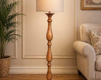 Farmhouse Floor Lamp Rustic Standing Lamp with Linen Shade, Vintage Wood Grain Tall Lamp for Living Room Bedroom Corner Decor