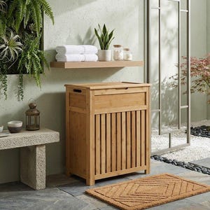 Bamboo Laundry Hamper with Lid, Wooden Clothes Basket with Handles, Slatted Laundry Bin, Eco Friendly Bathroom Bedroom Storage Organizer