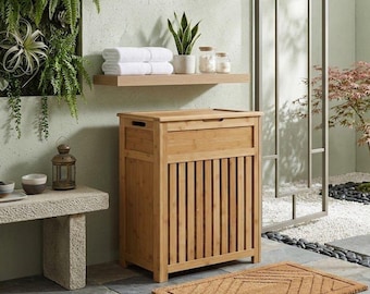 Bamboo Laundry Hamper with Lid, Wooden Clothes Basket with Handles, Slatted Laundry Bin, Eco Friendly Bathroom Bedroom Storage Organizer