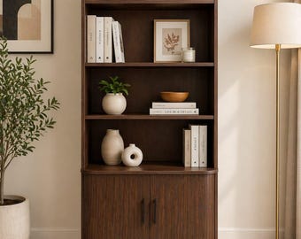 tall Bookshelf with Storage Cabinet, 4 Tier Wooden Bookcase with Sliding Door, Freestanding Storage Shelf Organizer for Living Room  Office