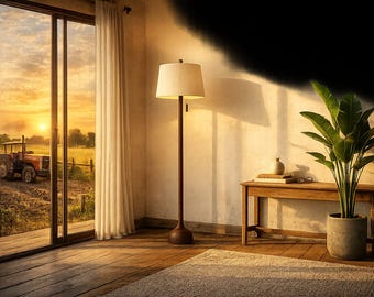 Mid Century Wood Floor Lamp, Modern Standing Lamp with Linen Shade, Teardrop Base Floor Light, LED Adjustable Lamp for Living Room Bedroom