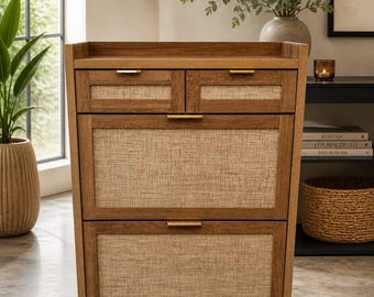 Boho Rattan Shoe Cabinet Entryway Storage Slim Flip Drawer Shoe Rack Farmhouse Organizer Narrow Hallway Wooden Shoe Storage with Drawers