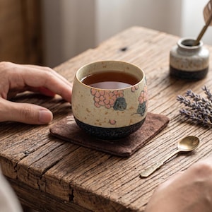 Unique Handcrafted Japanese Ceramic Matcha Bowl, Hydrangea Floral Tea Cup, Artisan Pottery Zen Chawan, Gift for Tea Lover Her