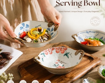 Handmålade japanska keramiska serveringsskålar – unika hantverksmässiga designer, mikrovågs- och diskmaskinssäkra, perfekt present för hemmamåltider