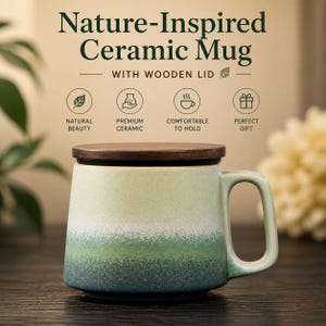 May include: A nature-inspired ceramic mug with a wooden lid. The mug features a gradient design, transitioning from white to green and dark blue. The text "Nature-Inspired Ceramic Mug" is displayed at the top.