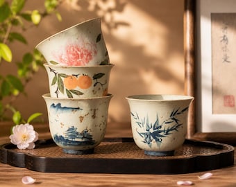 Japanese Style Ceramic Tea Cups Set, Handcrafted Pottery Teacups, Floral & Bamboo Design, Rustic Drinkware, Aesthetic Gift for Tea Lovers