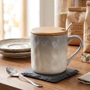 Hammered Texture Ceramic Mug, Modern Coffee Cup with Wood Lid and Spoon, Handmade Tea Mug, Nordic Boho Tableware Gift Set