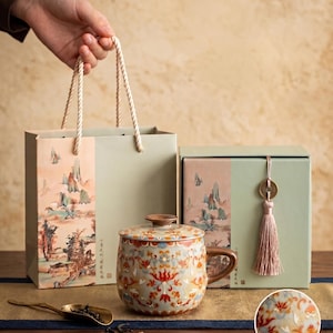 Hand-painted Chinese Traditional Ceramic Covered Teacup with Lid, Red Gold Pattern. Unique Art Tea Mug with Box & Bag, perfect Gift.