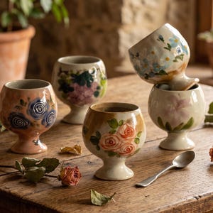 May include: A collection of hand-painted ceramic goblets with floral designs in various colors, including pink, blue, and orange. The goblets are displayed on a wooden table with a silver spoon and dried rose.