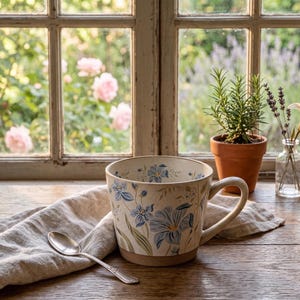 Könnte beinhalten: Eine cremefarbene Keramiktasse mit blauen Blumenmustern, ein Silberlöffel und eine Leinen-Serviette auf einer Holzoberfläche. Eine kleine Topfpflanze, eine Vase mit Blumen und ein Fenster mit Gartenblick befinden sich im Hintergrund.