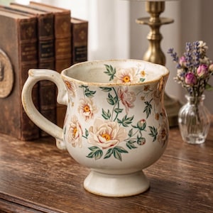 May include: Cream-colored ceramic mug with a pedestal base and a curved handle. The mug is adorned with a floral pattern featuring pink and cream-colored flowers with green leaves. The rim has a slightly distressed, aged look.