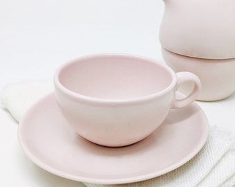 Russel Wright, Sherbet Pink, Cup and Saucer, Early Mark, Casual China, Iroquois China, 1947