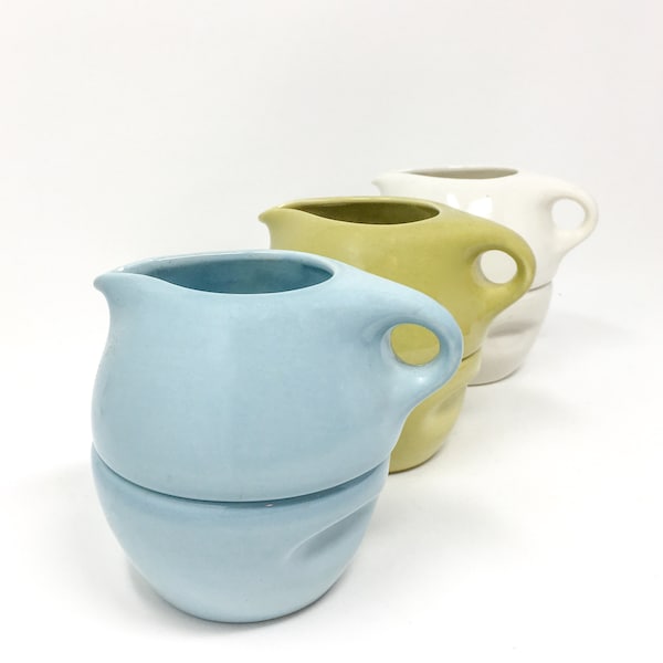 Russel Wright Casual China, Stacking Creamer and Sugar Bowl, Sugar White, Avocado, Ice Blue, MCM Dinnerware, Iroquois China, 1946 -