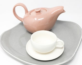 Russel Wright, American Modern, White Cup and Saucer,  Steubenville Pottery, 1939-1959