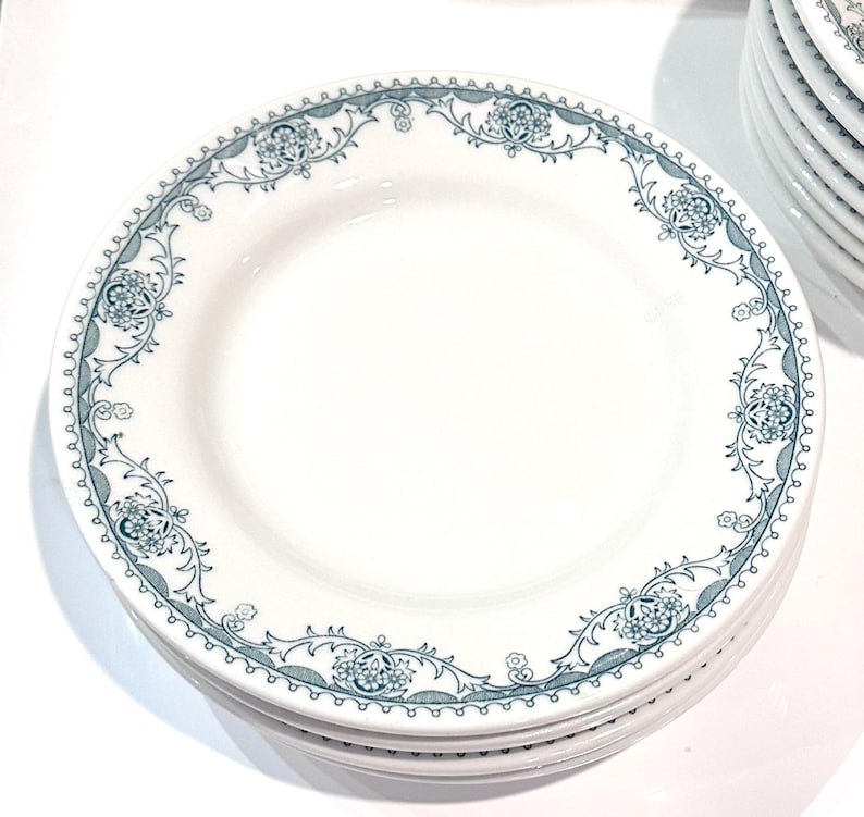 Może przedstawiać: Stos białych ceramicznych talerzy z niebieskim i zielonym wzorem kwiatowym wok&oacute;ł krawędzi.