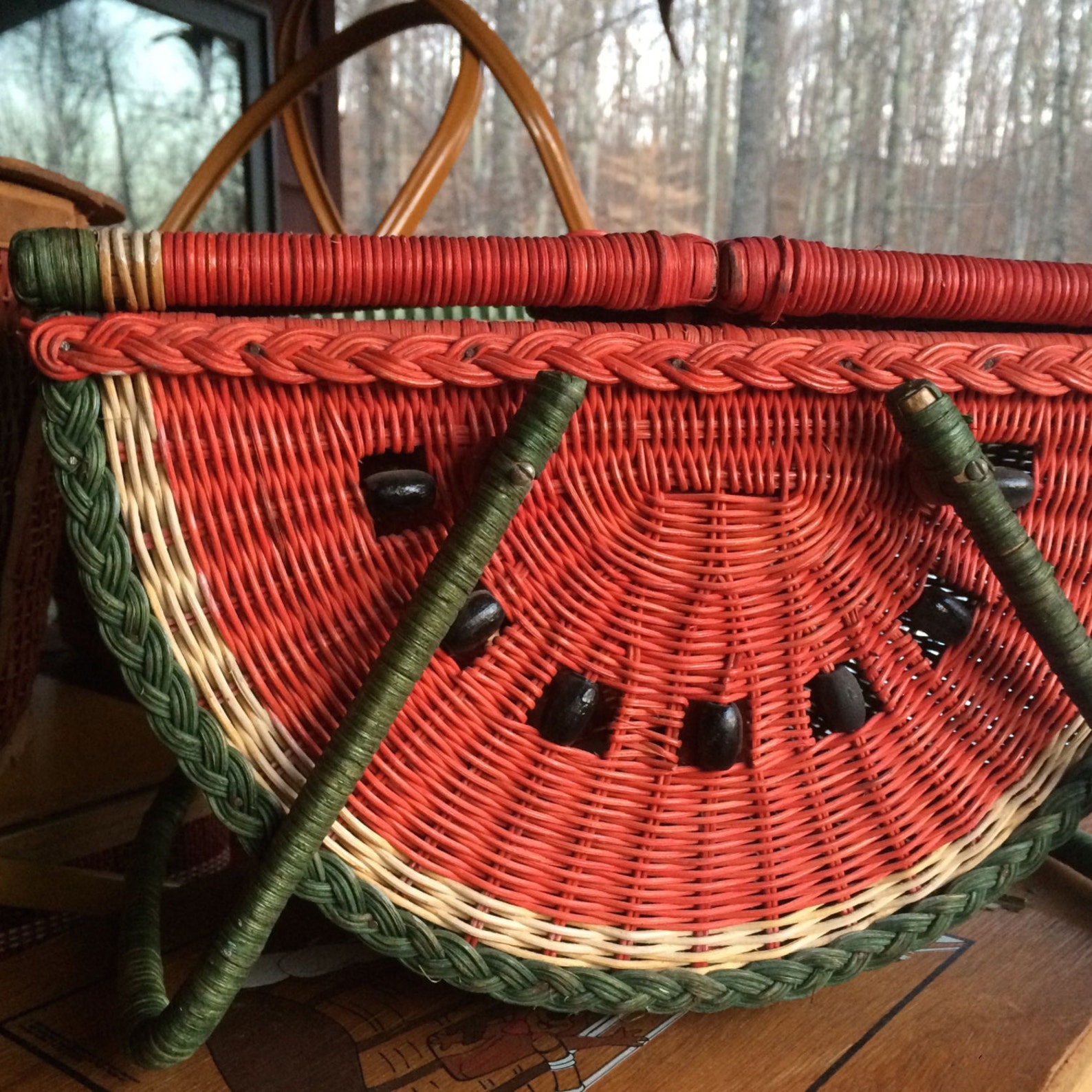 Watermelon Picnic Basket Woven Wicker with Wooden Beads in Etsy