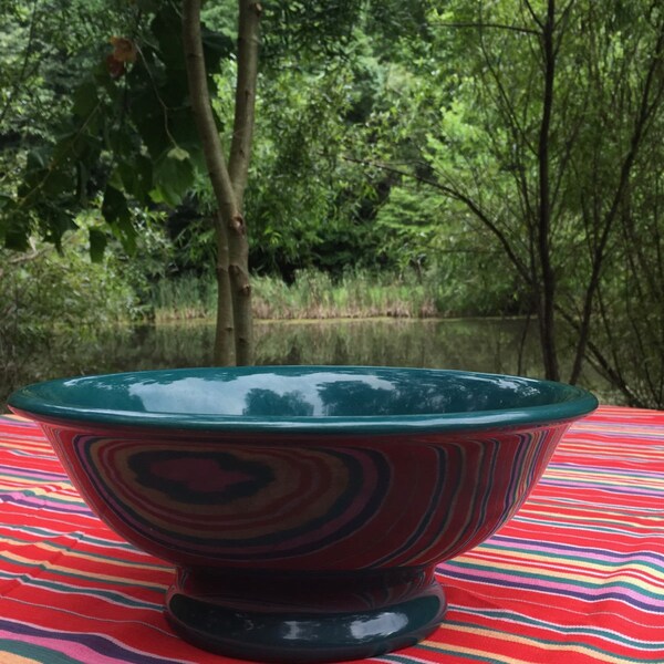 Large Footed Serving Bowl, Deep Turquoise Centerpiece by Hall China 1970s